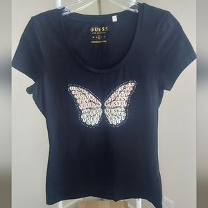 Guess Ombre & Rhinestone Butterfly Tee Women's Size M